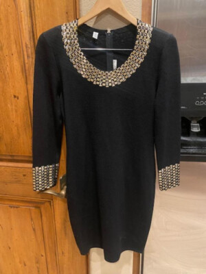 Stunning Black Sweater Gold St John Evening Dress Size 6 Gold Bar Rhinestone | eBay Stunning Black Sweater Gold St John Evening Dress Size 6 Gold Bar Rhinestone | eBay