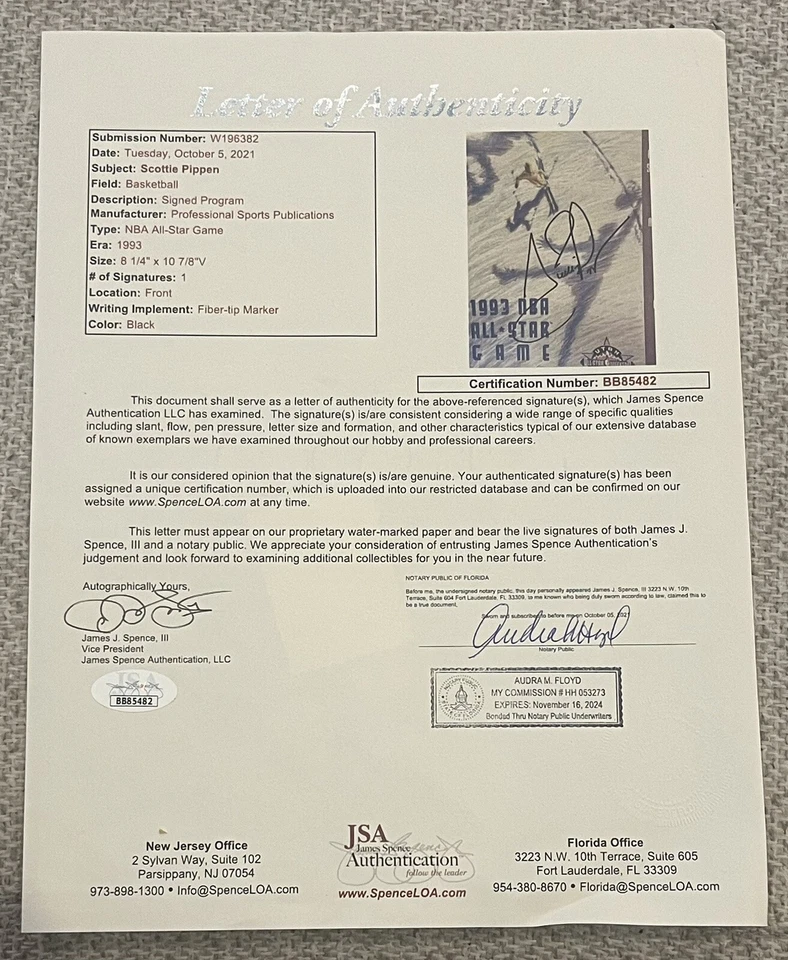 Scottie Pippen Chicago Bulls Signed 1993 NBA All Star Program Large Auto JSA - Image 3 of 3