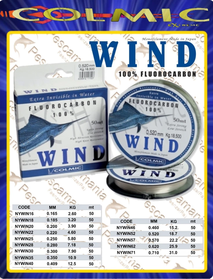 COLMIC SPA Colmic WIND Fluorcarbon 100% ø0,165->ø0,71 finali pesca in mare mt.50