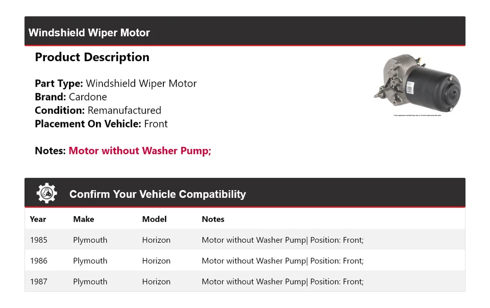 For 1985-1987 Plymouth Horizon Windshield Wiper Motor Front Cardone 1986 - Image 2 of 4
