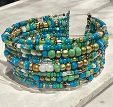 Seed Bead Cuff Bracelet Blue Shades Boho Hippie Festival Cosplay LARP 6.5” Small