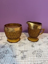 Vintage Indiana Glass Diamond Point Amber Cream & Sugar Gold Rim
