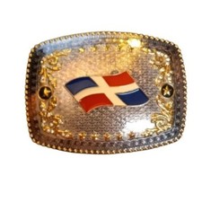 Belt Buckle Flag Dominican Republic Clear Stones Silver Gold Enamel Stars Foral
