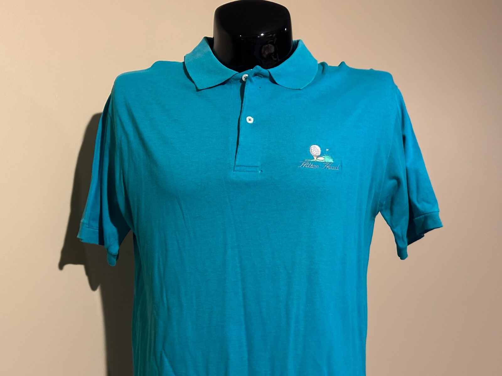 Vintage HILTON HEAD Golf shirt Large polo embroidered 80s Turqoise Made in USA