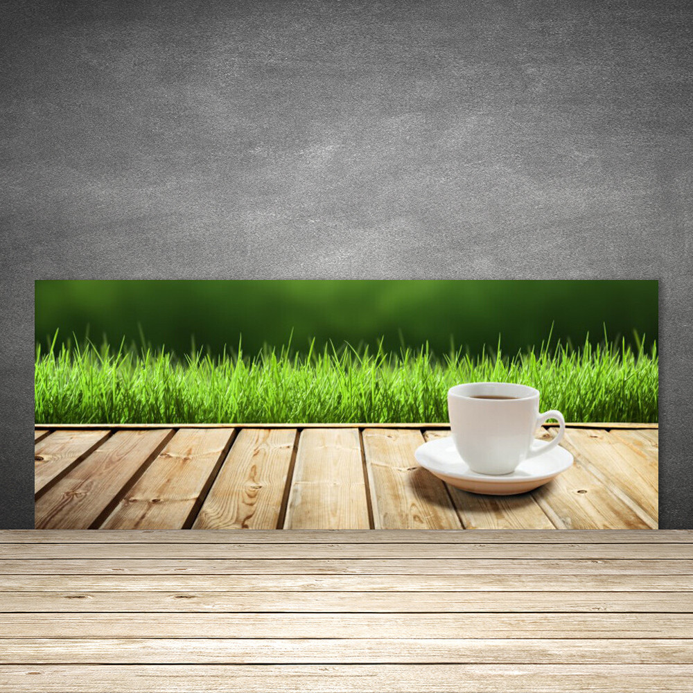 Crédence de cuisine en verre 125x50 lavable panneau herbe et tasse