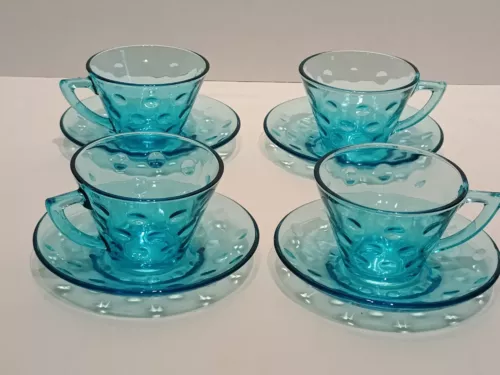 Hazel Atlas Capri Dot Blue Coffee Tea Cups & Saucers Set of 4 Azure Aqua Teal