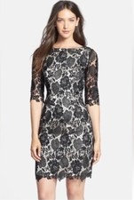 Eliza J Lace Leaf Pattern Overlay 3/4 Sleeve Sheath Dress Size 14