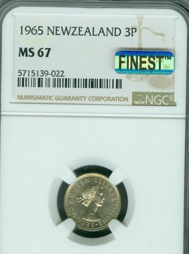 1965 NEW ZEALAND 3P NGC MS67 PQ MAC FINEST GRADE SPOTLESS *