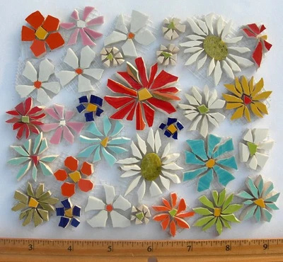 30 Daisy Mosaic Tile Set Mix Size & Color Broken China Plate Tiles - Image 1 of 3