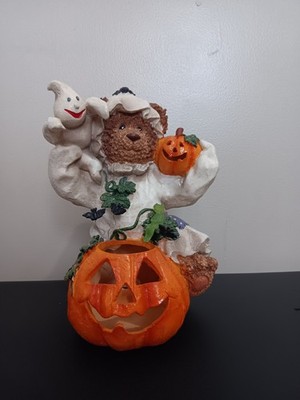 Halloween Bear Ceramic Figurine with Pumpkin, Ghost, Hand Painted Collectible 