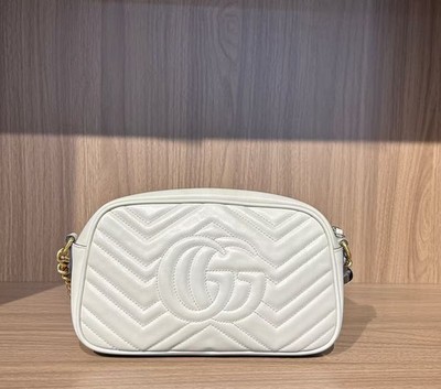 Authentic Gucci GG Marmont Small Camera Bag White Quilted Leather