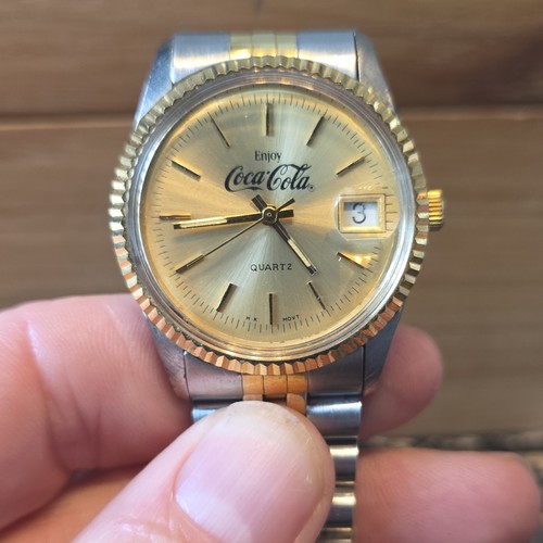 Coca-Cola Quartz Gold Silver Two-Tone Wristwatch Soda Theme Made in Hong Kong