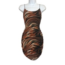 MISTYROSE Marble Print Dress Bodycon Mini Brown Black Cocktail Mesh Swirl Small