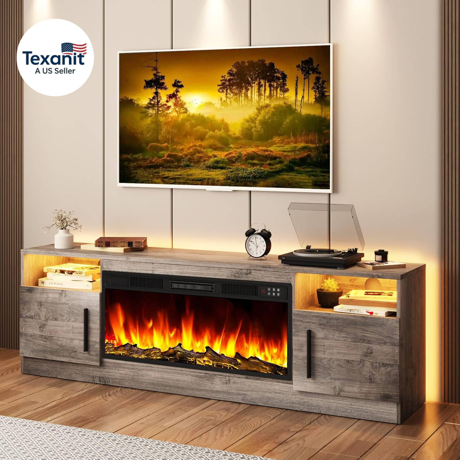 Entertainment Center With 36" Fireplace, 70" Wooden Tv Conso