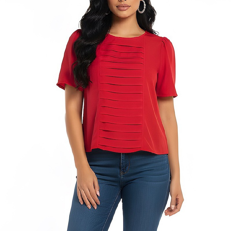 Blusa plisada roja vintage, top minimalista de manga corta de los años 80, ta...