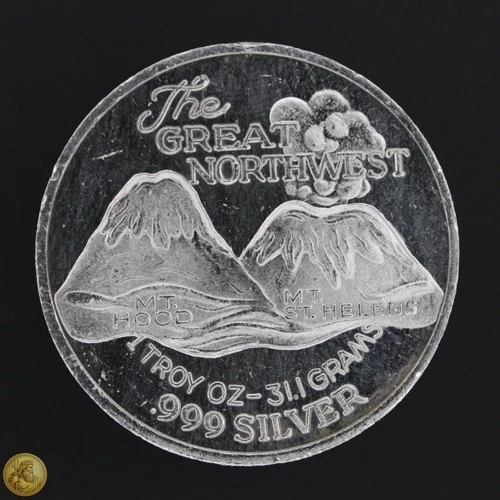 The Great Northwest Mt Hood Mt St Helens 1 oz .999 Fine Silver Round -E554