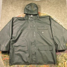 Carhartt Heavy PVC Rain Jacket Men XL Oversized Green Hooded Snap Neoprene Cuffs
