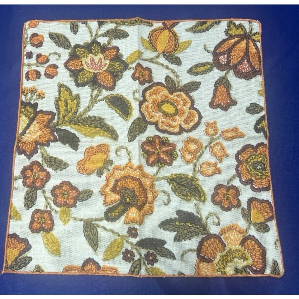 Vintage 60s Fabric Cloth Napkins Set 4 PC Folk Floral Brown Orange Table Decor - Image 4 of 4