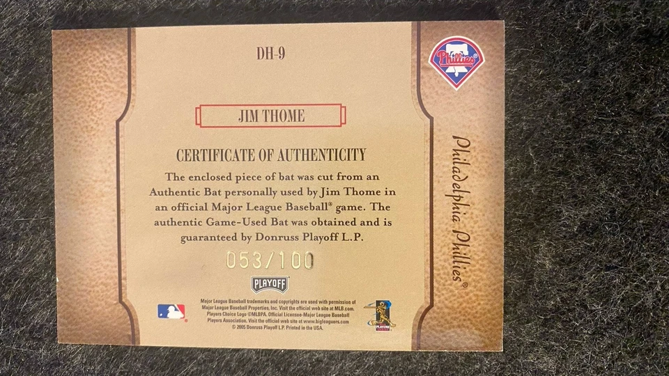 2005 Playoff Prestige Diamond Heritage jogo usado taco Jim Thome 53/100 Phillies - Imagem 2 de 2