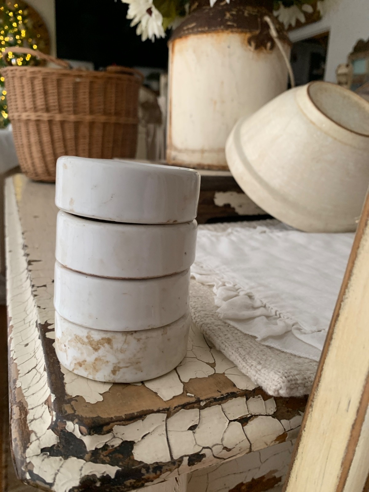 VINTAGE Antique IRONSTONE BUTTER PAT 2.75” slab Chunky STAINING FARMHOUSE Riser