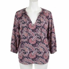 JW Anderson Uniqlo Blouse Womens XS Paisley V-Neck Navy Blue Pink 3/4 Sleeve Top