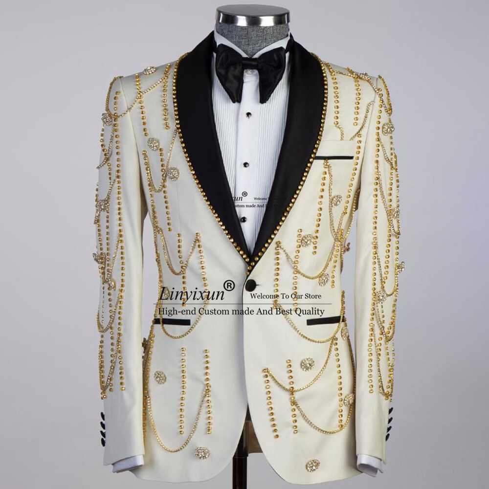Stylish Tuxedo Metallic Gold Embroidered Jewelry Men Suits Wedding Party