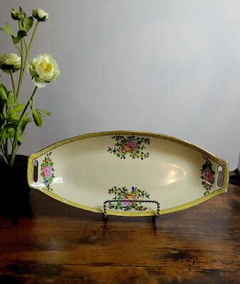 Vintage Noritake Celery Dish Hand Painted Yellow Band Multi Color Floral 