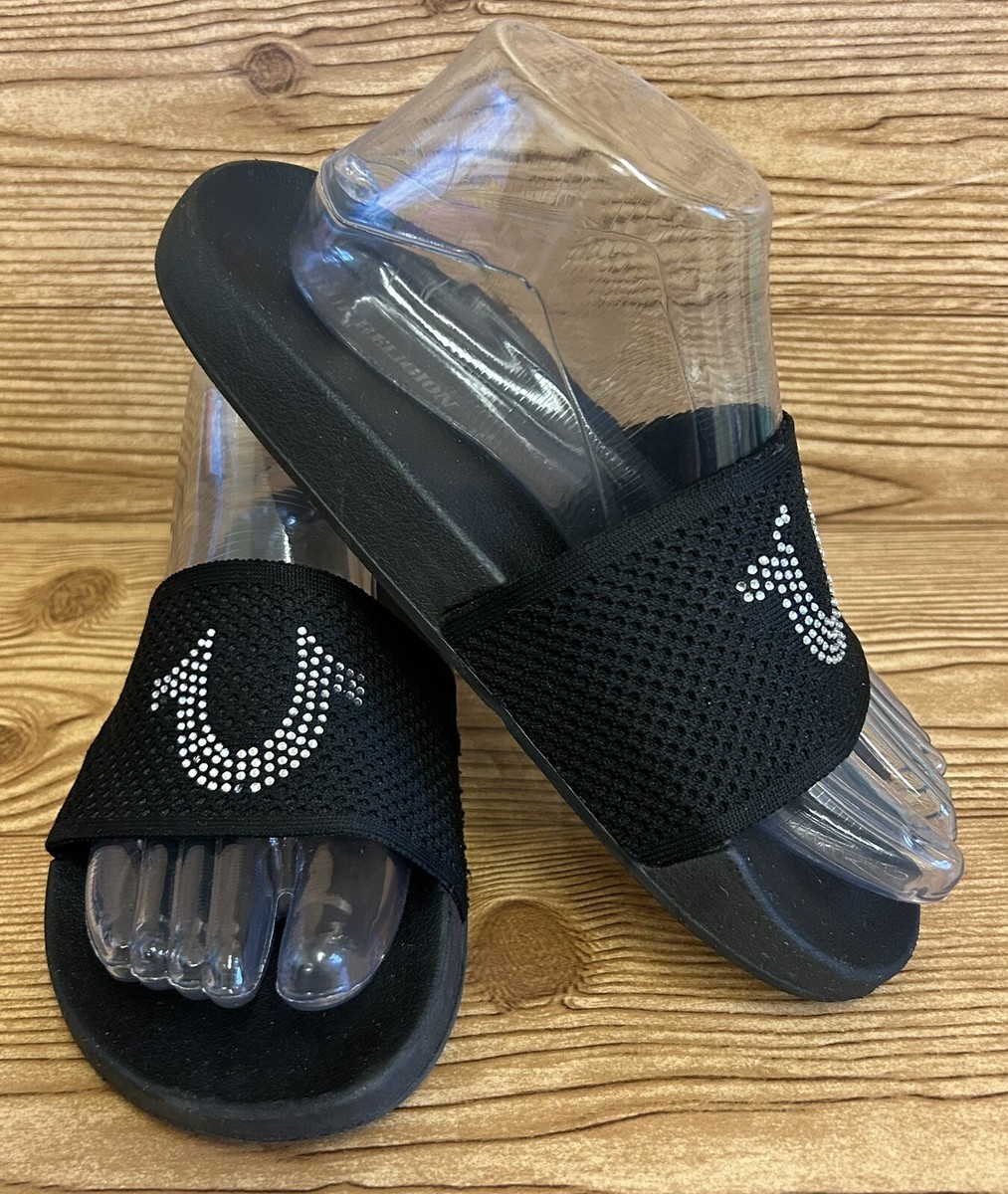 TRUE RELIGION Women's Horseshoe Rhinestone Black Slides Sandals