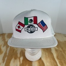 VTG White NISSIN Mexico Canada USA Flag Hat Mesh Snap Back Trucker Hat
