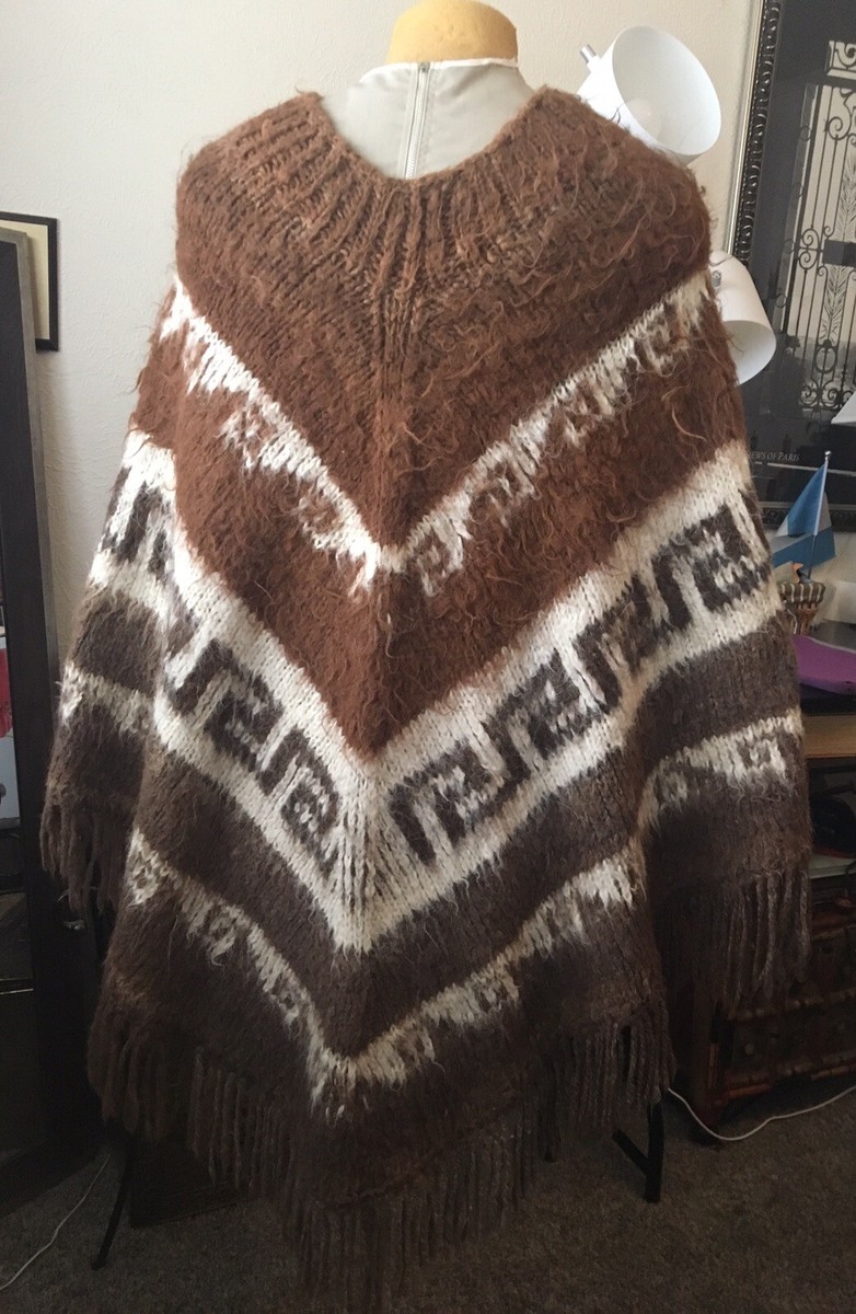 Vintage Long Poncho 100 Alpaca Brown White Tribal Design Art Vintage Long Poncho 100 Alpaca Brown White Tribal Design Art