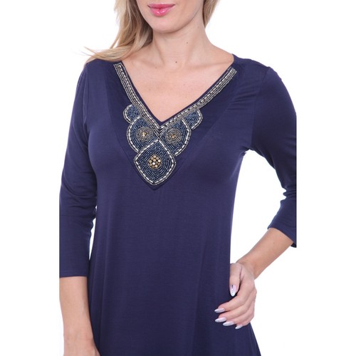 WM 'Luna' Top Tunic, Embellished V-neck, High Low Hem, 3/4 Sleeve - Picture 24 of 30