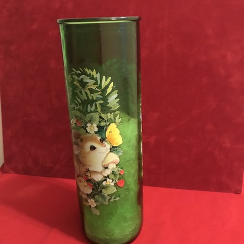 Vintage 70's Tall Green Bunny/mushrooms Spring Theme Jar Glass Candle Holder - Picture 2 of 4