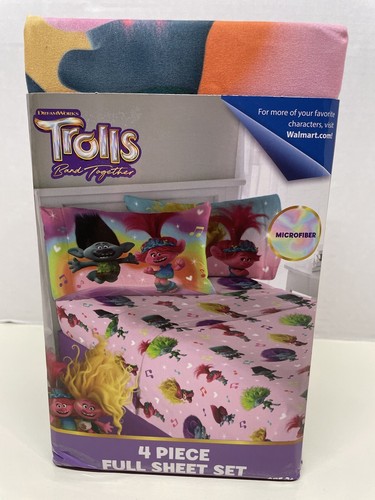 Trolls The Movie Full Size Microfiber Bed Sheet Set 4 Piece Bedding Sheets New