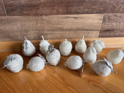 CHRISTMAS Sugared Frosted Beaded Silver White Fruit Ornaments Lot 12 Pear Apple