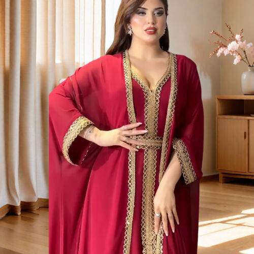 Muslim Kaftan Women Abaya Elegant Party Maxi Dress Two Piece Set Cardigan Kimono - Picture 1 of 49