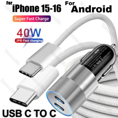 Dual USB C PD Fast 40W Car Charger Adapter Cord For Samsung iPhone 16 15 Pro Max