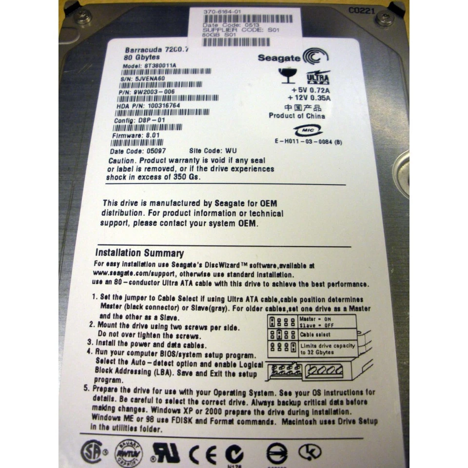 Sun 370-6164 Hard Drive 80GB 7.2K IDE 3.5in - Image 3 of 3