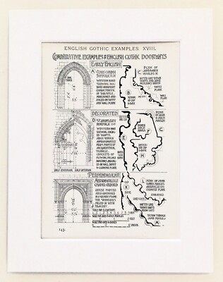 ENGLISH GOTIC DOORWAYS ARCHITECTURE Print - 1905 Mounted Antique B&W Lithograph
