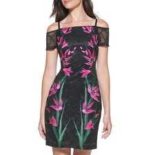 GUESS Womens Black Multi Off Shoulder Mesh Sheath Dress Size 0