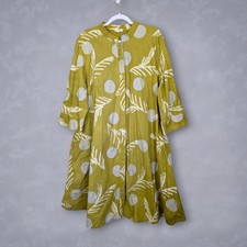 Zuri Kenya Dress 2X Green Dot Leaf Print Button Front Lagenlook Cotton