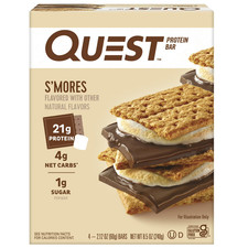 4 Pack Quest Protein Bar, Smores, 20g Protein  4g Carbs Gluten Free 2.12oz Bars