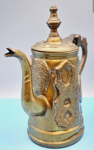 ANTIQUE BRASS MOROCCAN COFFEE POT ORNATE EMBOSSED EMBLEMS . 26cm x 25cm - Picture 2 of 16