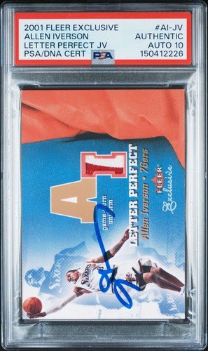 Allen Iverson 2001 Fleer Exclusive Game Worn Patch Card AI-JV PSA 10 Auto 47/100