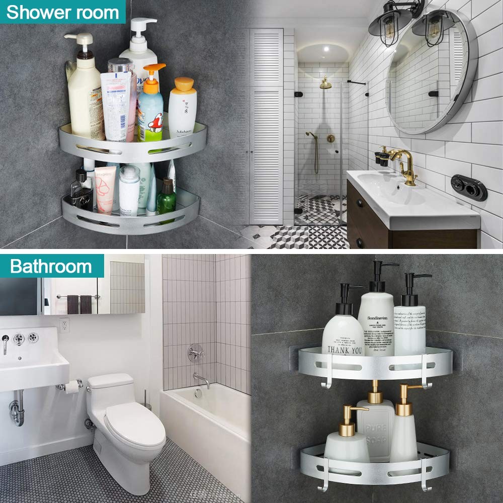 Corner Caddy Bathroom Shower Shelf Wall Mounted No Drilling 2 Tier Storage Sh...