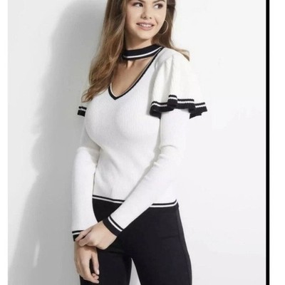 Guess Quin Ruffle Choker Sweater Ivory Black Preppy Soft Chic Top Size S