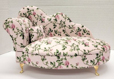 Jewelry Box Chaise Sofa w/Mirror. Pink w/Pink Roses & Green Leaves/Velvet 