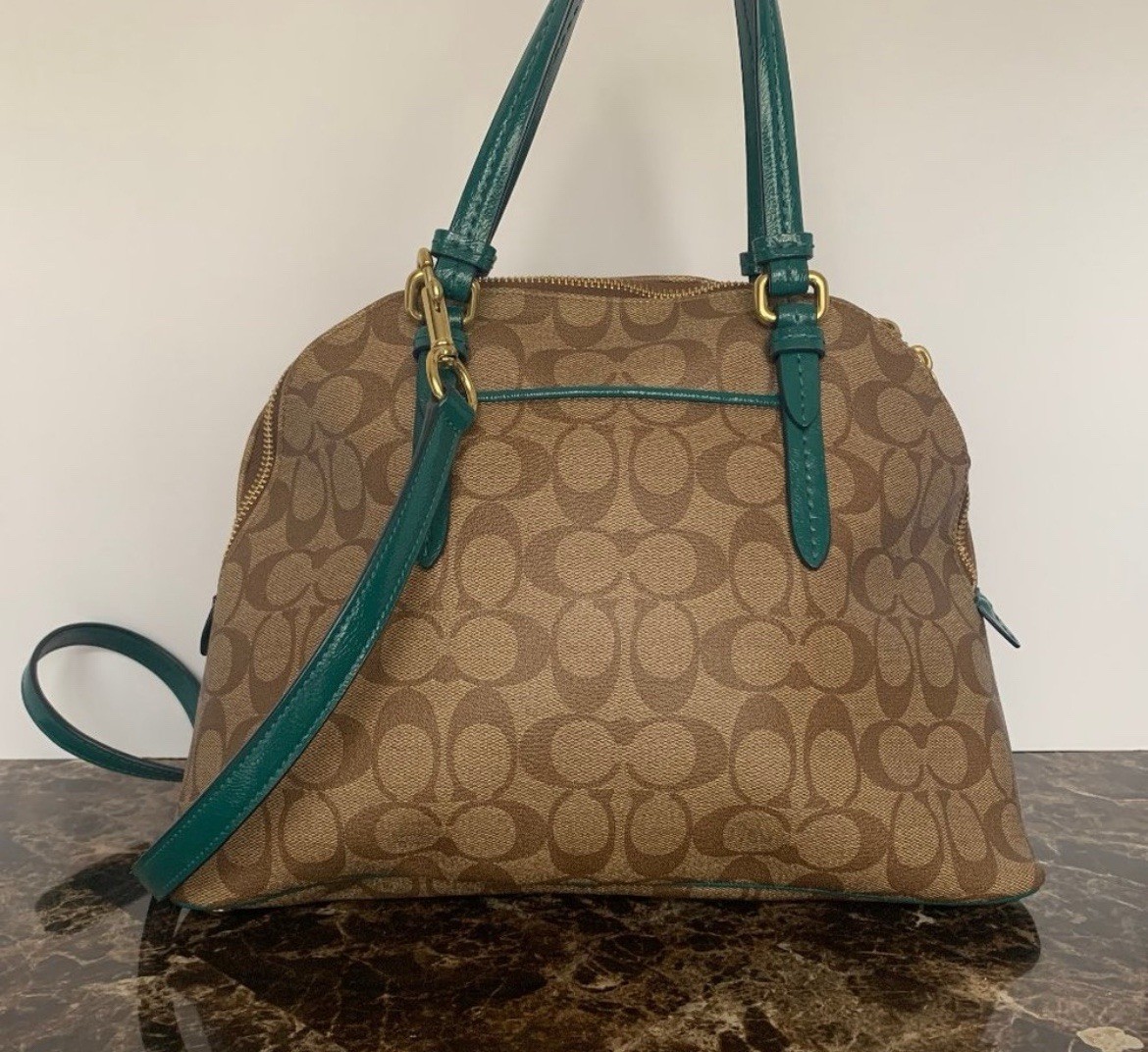 Y2K 2000s Coach Peyton Signature Cora Domed Satchel Handbag F24606 Khaki/ Jade image 4