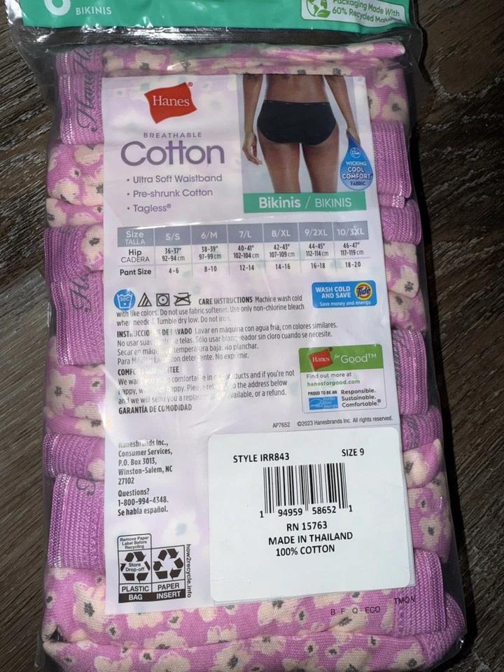 Hanes ~ 6 pares de bragas de bikini para mujer 100 % algodón floral rosa ~ 2XL/9 Foto 3 de 3