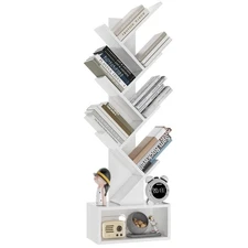 6 Tier Tree Bookshelf, Tall Bookcase, Wood Book Storage Rack with Drawer, Mod...