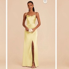 Birdy Grey XS Lydia Matte Satin Dress Lemon Sorbet high slit maxi